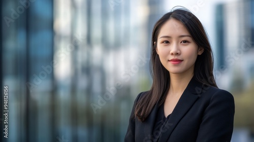 Confident Asian businesswoman manager stands outside modern office buildings during the day