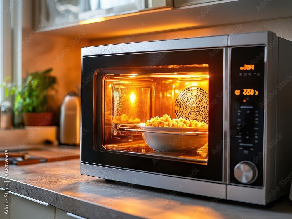 Microwave with an open door ready to heat food Microwave with an open door ready to heat food