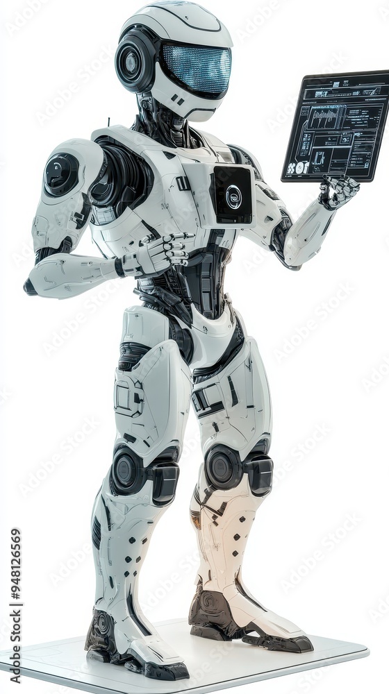 A humanoid AI robot interacts with a digital display, showcasing advanced technology in a contemporary setting A humanoid AI robot interacts with a digital display, showcasing advanced technology in a contemporary setting