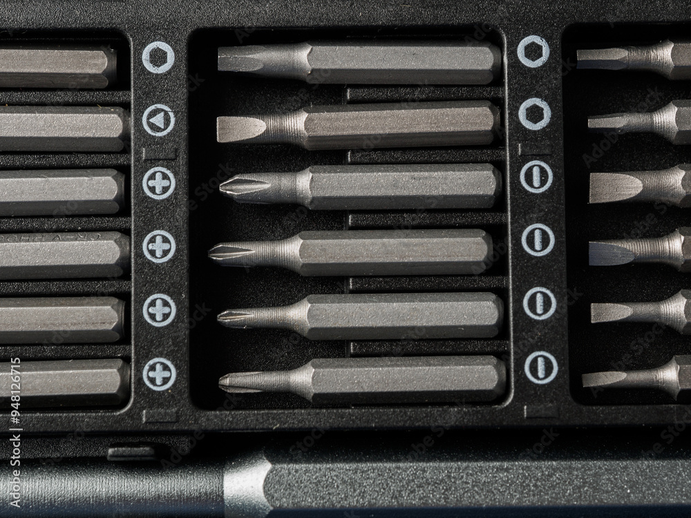 Close-up of various screwdriver heads (bits) ideal for repairing and assembling electronics and appliances