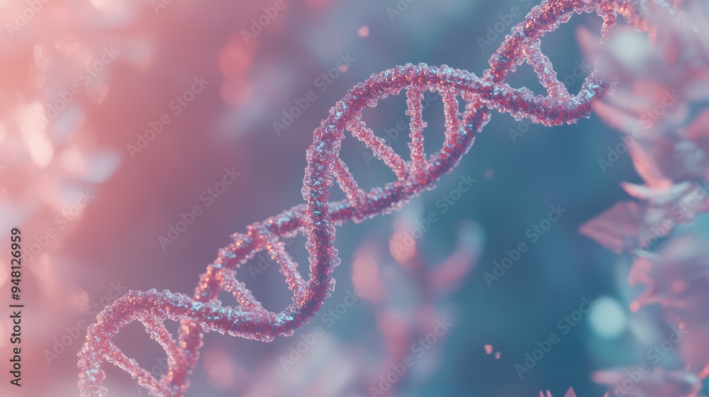 Close-up of a DNA double helix in vibrant colors, creating a sense of depth and complexity.