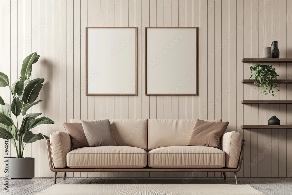 The living room has two empty white posters and a sofa in a bright color scheme The living room has two empty white posters and a sofa in a bright color scheme