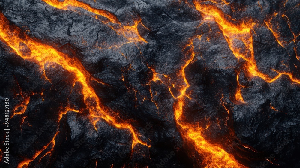 A striking close-up of molten lava flowing between dark volcanic rock, showcasing the vibrant orange glow against a black background.