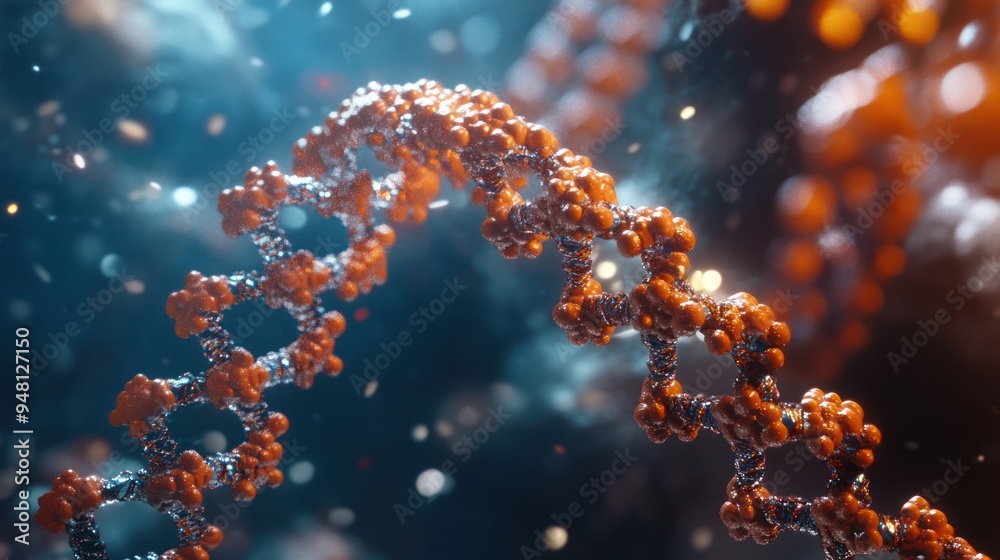 A detailed visualization of a DNA helix structure, showcasing intricate molecular design with vibrant hues and a mesmerizing backdrop.