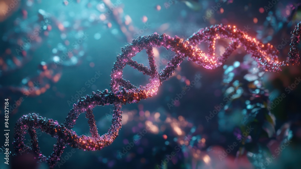 A vibrant 3D representation of a DNA double helix, shimmering with intricate details and rich colors. A vibrant 3D representation of a DNA double helix, shimmering with intricate details and rich colors.