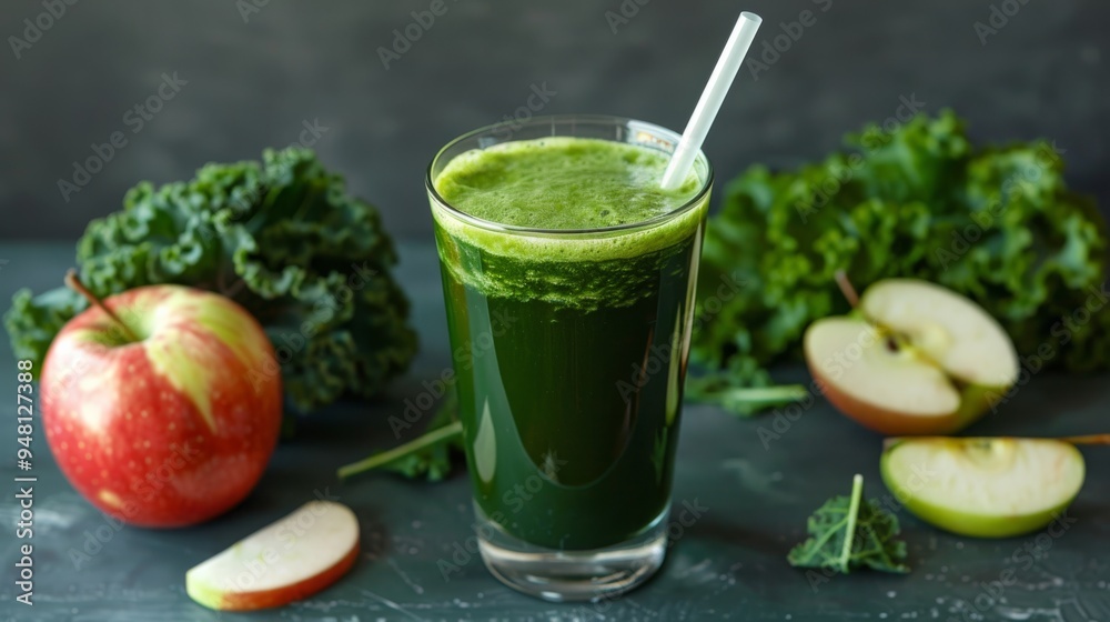 A green juice in a clear glass with a straw, surrounded by ingredients like spinach, apples, and kale on a simple background A green juice in a clear glass with a straw, surrounded by ingredients like spinach, apples, and kale on a simple background