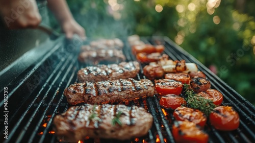 A family member grilling food on the barbecue, with the rest of the family gathered around in anticipation.