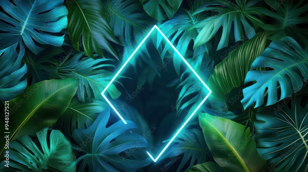 Fototapeta premium Vibrant tropical leaves with a glowing diamond frame in the center, creating a modern and fresh aesthetic.