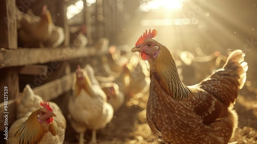 A group of farm-fresh chickens gathered in a barn, with a warm, natural light illuminating their surroundings.