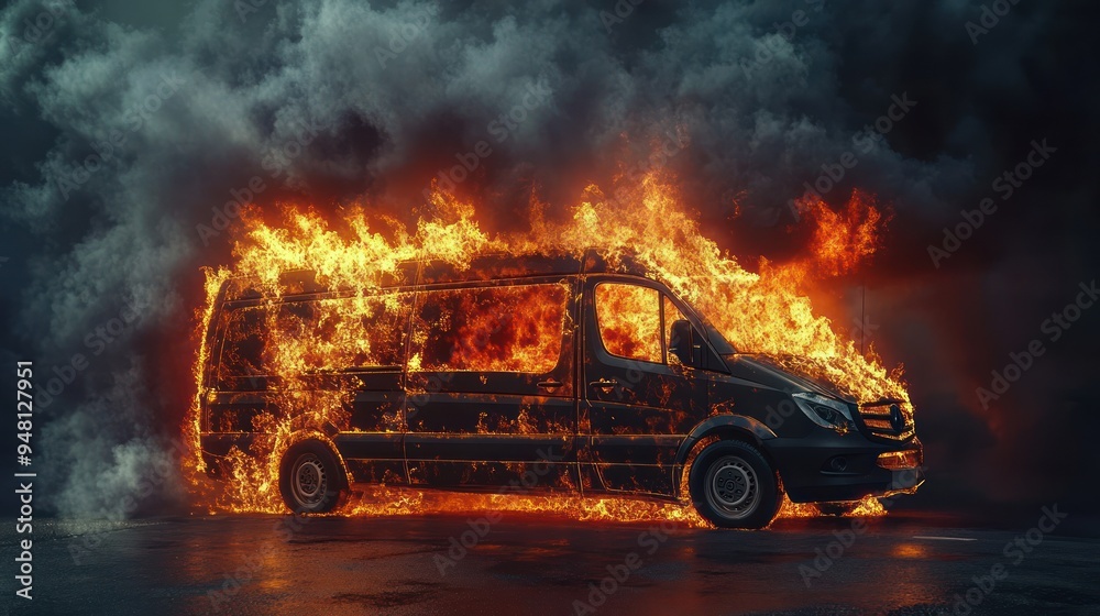 A black van engulfed in flames, surrounded by thick smoke, creating a dramatic scene of destruction. A black van engulfed in flames, surrounded by thick smoke, creating a dramatic scene of destruction.