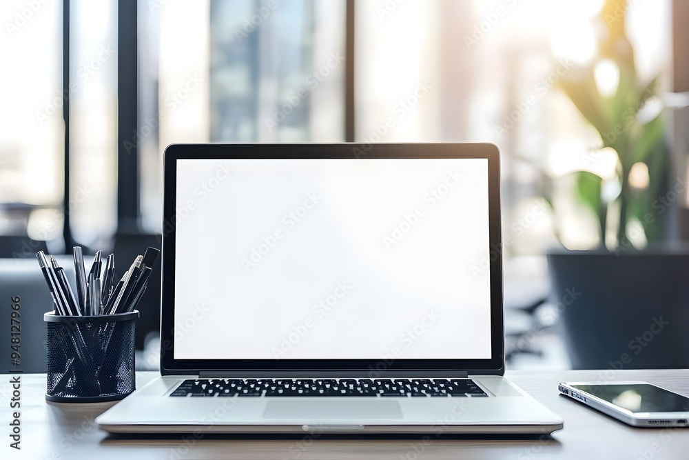 Blank Workspace with Modern Laptop and Smartphone on Desk in Contemporary Office