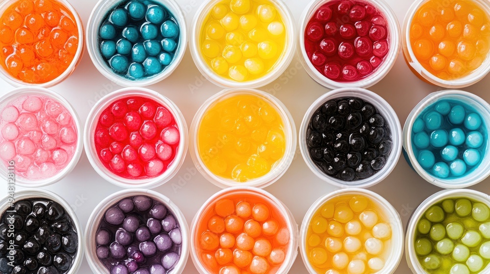 A colorful array of bubble tea cups, each with a different flavor and vibrant tapioca pearls. A colorful array of bubble tea cups, each with a different flavor and vibrant tapioca pearls.