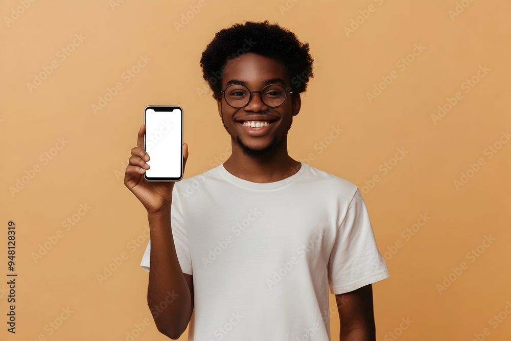 Fototapeta premium Cheerful African American Teen Holding Smartphone and Presenting Application