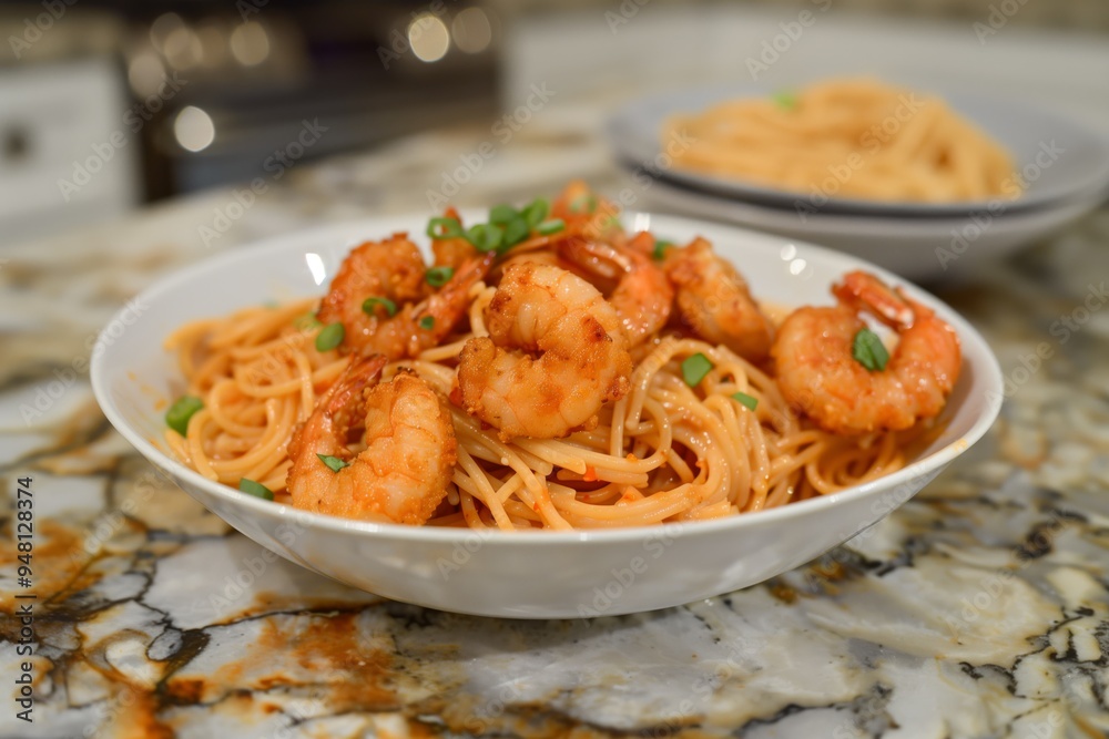 Delicious shrimp pasta dish garnished with herbs served on a marble countertop in a cozy kitchen setting Delicious shrimp pasta dish garnished with herbs served on a marble countertop in a cozy kitchen setting
