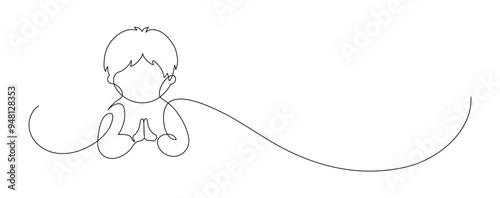 Praying child. Children's Christian catechesis. Continuous line drawing.