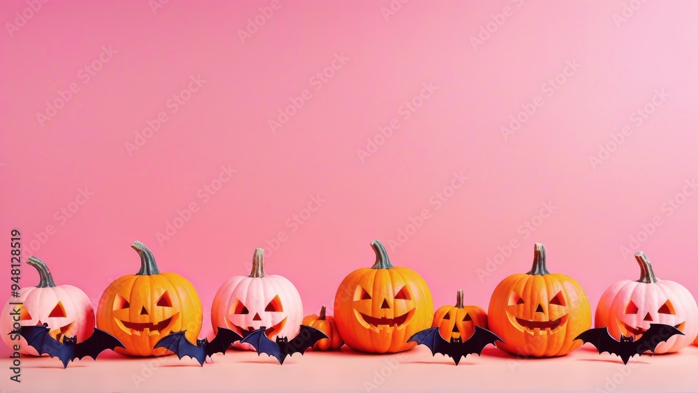 Colorful Halloween pumpkins and bats against a pink background Colorful Halloween pumpkins and bats against a pink background
