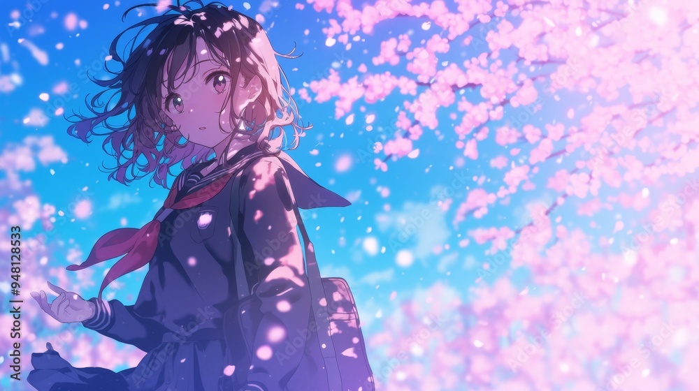 High school girl in uniform standing under cherry blossoms petals fall background detailed anime style High school girl in uniform standing under cherry blossoms petals fall background detailed anime style