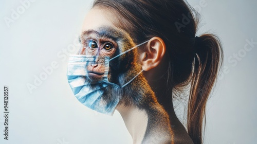 Young woman is wearing a surgical mask with a monkey  double exposure. Monkeypox virus protection concept photo