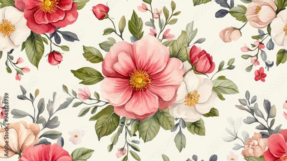 A vibrant floral pattern featuring blooming pink and white peonies set against a light background, creating a fresh and lively atmosphere. A vibrant floral pattern featuring blooming pink and white peonies set against a light background, creating a fresh and lively atmosphere.