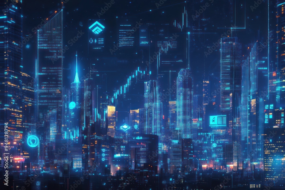 Futuristic Cityscape with Digital Overlay Futuristic Cityscape with Digital Overlay