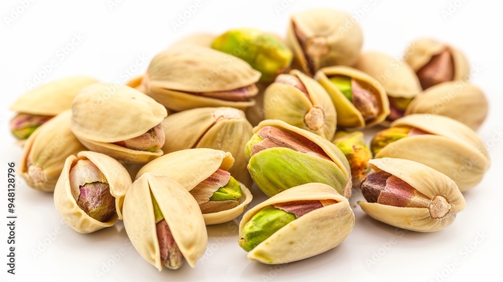 A macro image of pistachio nuts showing their unique texture and color, placed on a white background for contrast. A macro image of pistachio nuts showing their unique texture and color, placed on a white background for contrast.