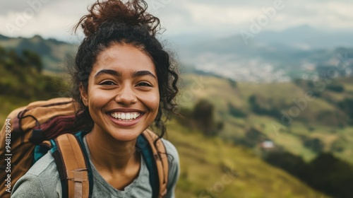 Joyful Young Female Hiker Enjoying Scenic Mountain View