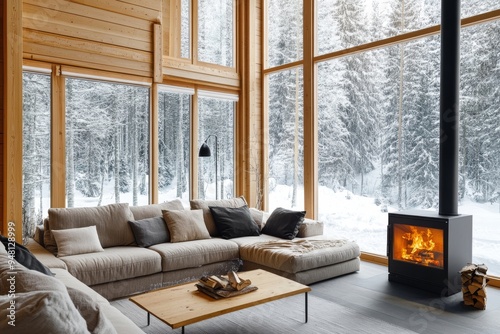 An illustration of an interior of a winter chalet house with wooden beams and a fireplace in the winter