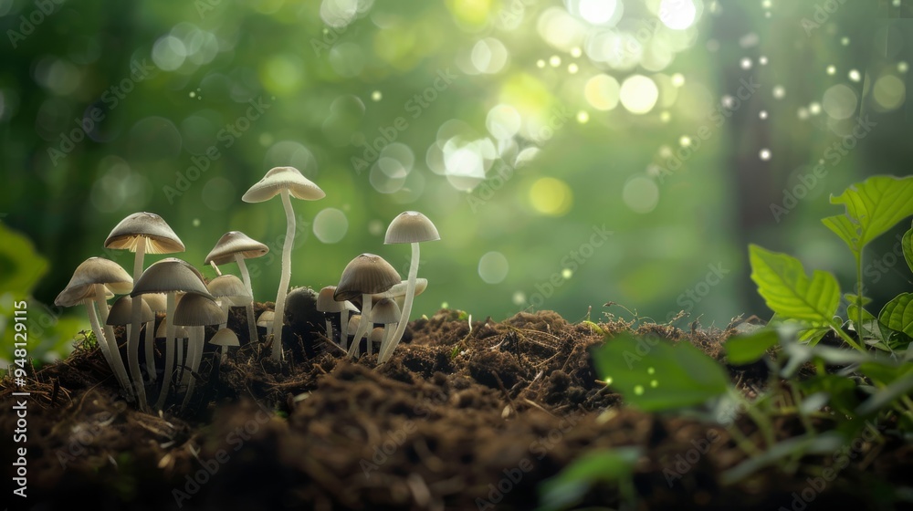 A natural composition of mushrooms, including fairy ring fungi and earthstars, growing on a bed of dark, rich soil with a subtle, out-of-focus woodland backdrop. A natural composition of mushrooms, including fairy ring fungi and earthstars, growing on a bed of dark, rich soil with a subtle, out-of-focus woodland backdrop.