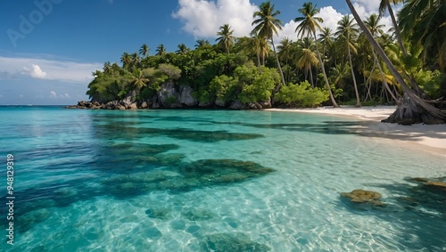 Tropical island with white sandy beaches and crystal clear blue waters, surrounded by lush palm trees