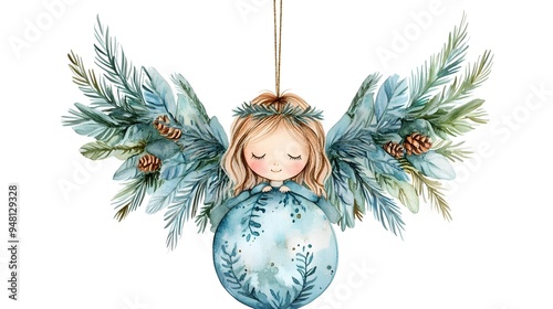 Boho Christmas Angel Ornament Watercolor Clipart with Feathered Wings on White