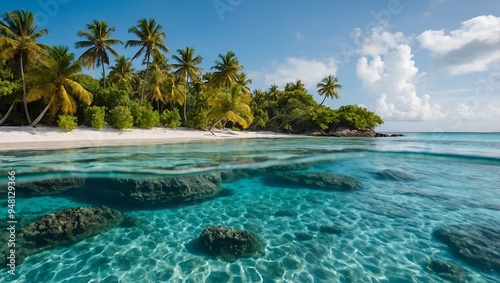 Tropical island with white sandy beaches and crystal clear blue waters, surrounded by lush palm trees