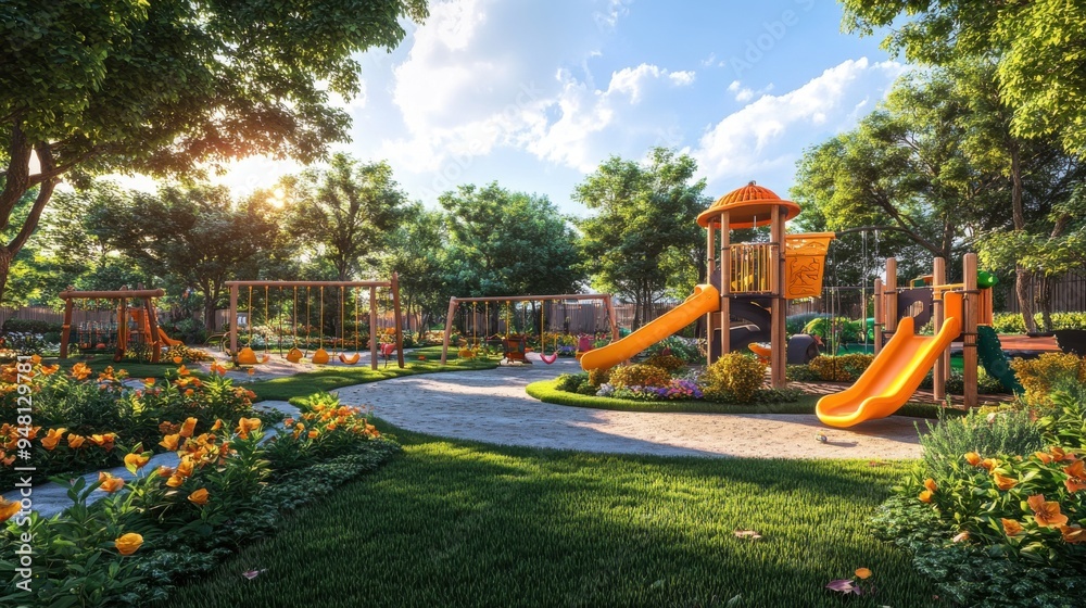 A playful cartoon-style playground, featuring slides and swings surrounded by natural greenery and flowers. Bright, bold colors and lush grass, with a fresh green and white palette. 3D rendering
