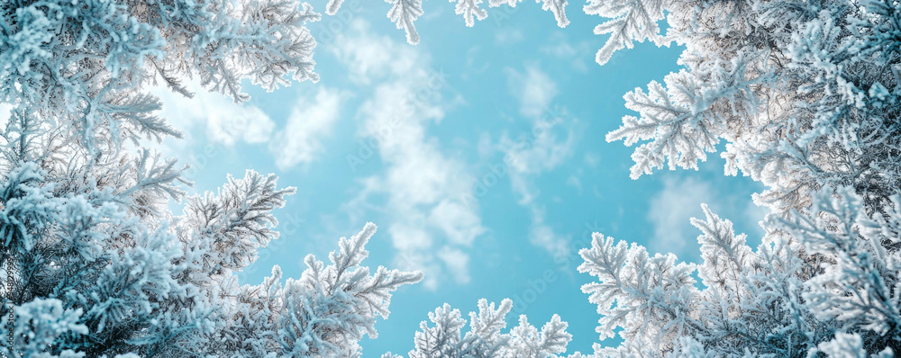 A snowy forest canopy with frosty branches against a bright blue sky during winter, creating a peaceful and serene nature view A snowy forest canopy with frosty branches against a bright blue sky during winter, creating a peaceful and serene nature view