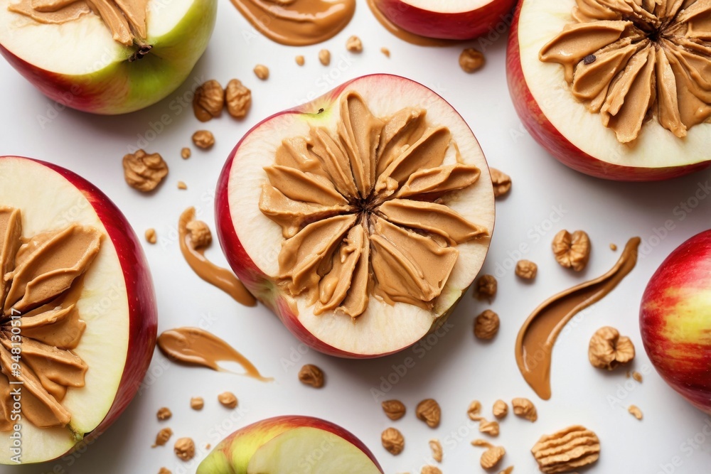 Apple and Peanut Butter Slices: Top-down shot of apple slices with peanut butter elegantly spread on each Apple and Peanut Butter Slices: Top-down shot of apple slices with peanut butter elegantly spread on each
