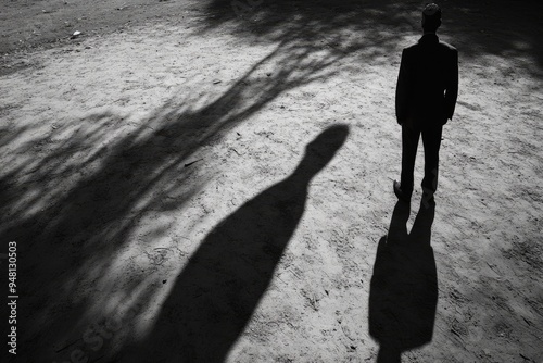 Lonely man walking away on a dark city street photo