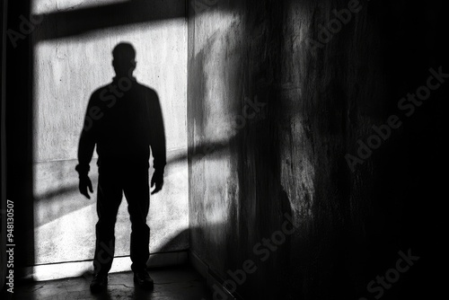 Silhouette of a man casting a shadow in a dark room