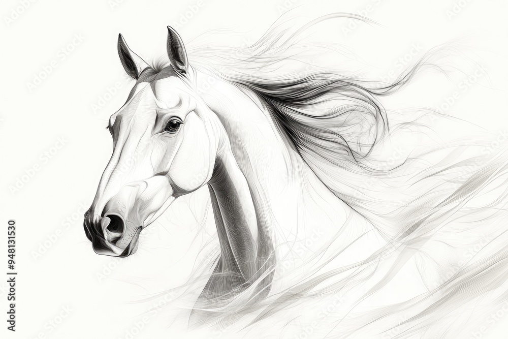 White horse flowing mane black and white artistic portrait White horse flowing mane black and white artistic portrait