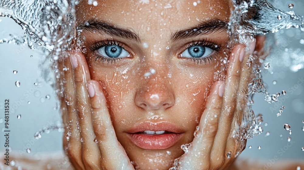 A woman is standing in a shower with water splashing all over her face