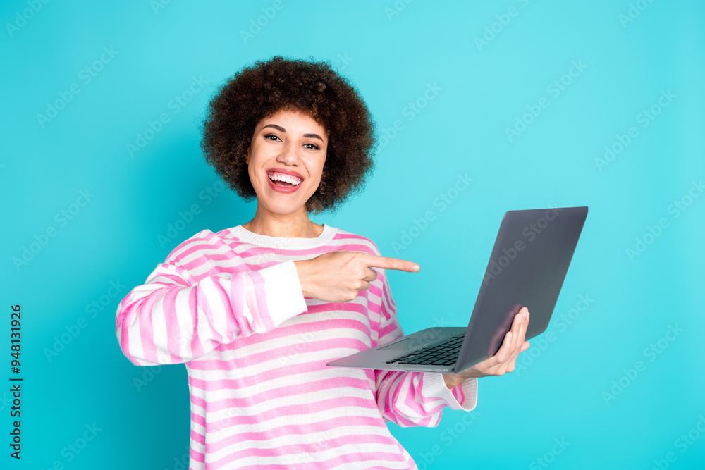 Photo of pretty young woman point finger laptop wear pullover isolated on teal color background