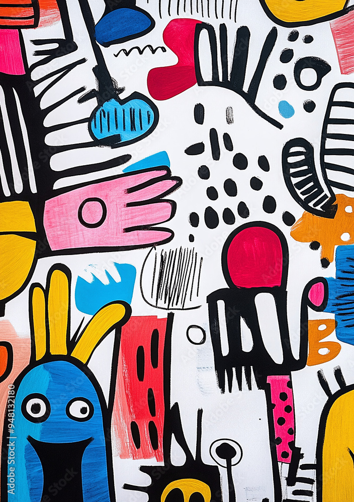 Abstract graffiti background with funny doodle characters, doodle style, bright colors, playful cartoon drawings, joyful and whimsical mood, close-up of artwork Abstract graffiti background with funny doodle characters, doodle style, bright colors, playful cartoon drawings, joyful and whimsical mood, close-up of artwork