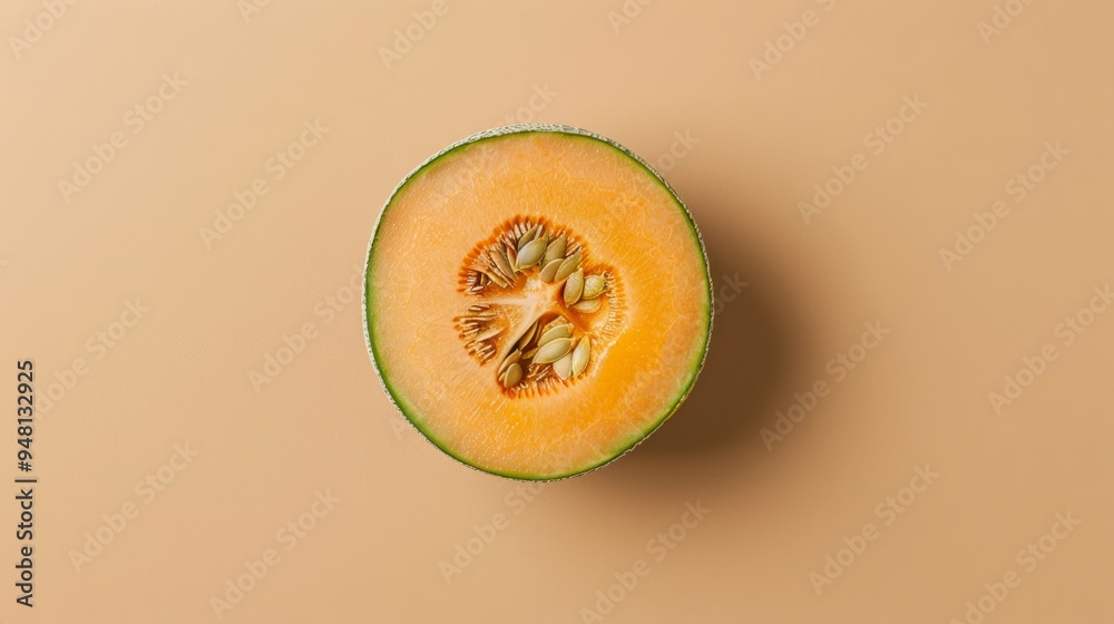 A single cantaloupe halved, revealing its bright orange interior and seeds, set against a simple, clean backdrop.