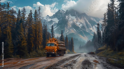 A large orange truck is driving down a dirt road in the mountains photo