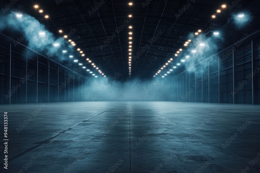 Empty Industrial Space with Smoke and Lights Empty Industrial Space with Smoke and Lights