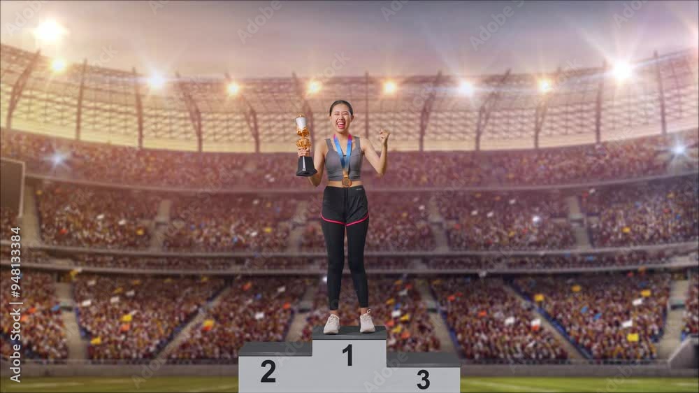 Full Body Of Asian Woman With A Gold Medal And Trophy Screaming Goal ...