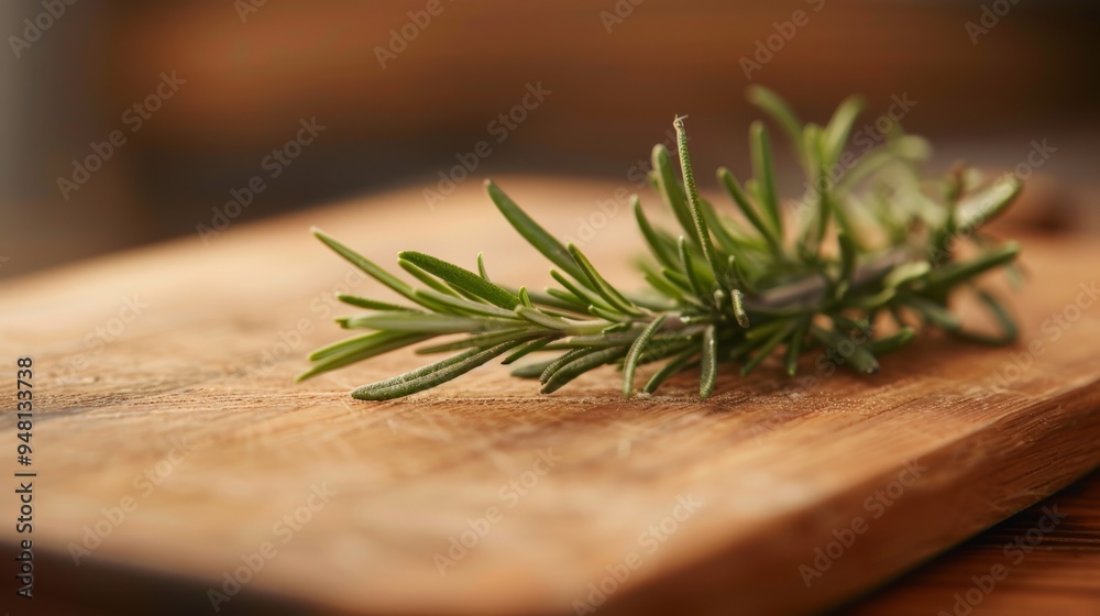 A sprig of fresh rosemary lying on a wooden cutting board with soft focus on the herb and blurred background A sprig of fresh rosemary lying on a wooden cutting board with soft focus on the herb and blurred background