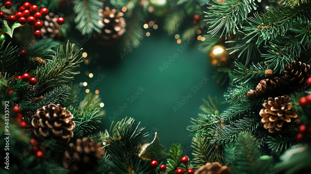 A festive wreath decorated with pine cones, holly and ornaments on a dark green background is perfect for holiday decor. Christmas frame with space for text A festive wreath decorated with pine cones, holly and ornaments on a dark green background is perfect for holiday decor. Christmas frame with space for text