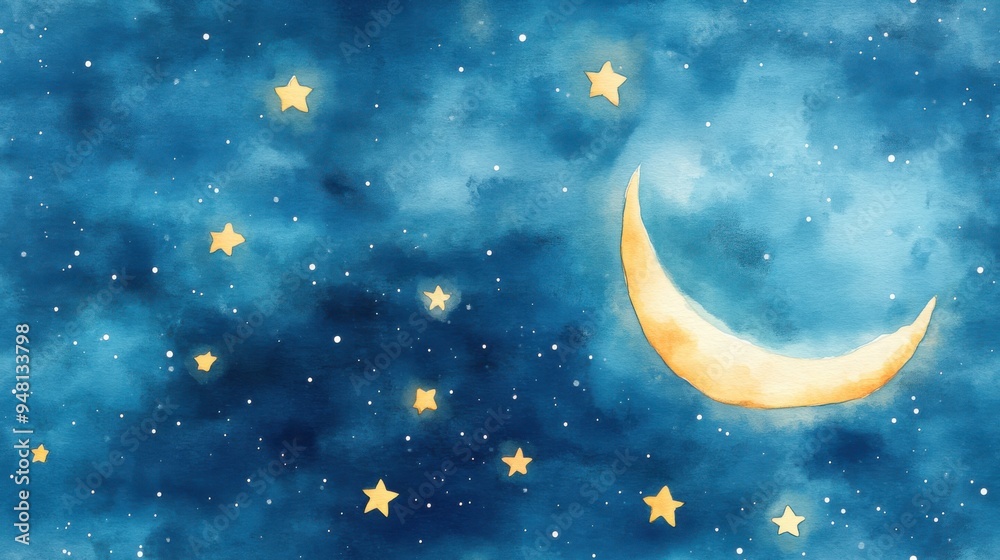 Cute seamless watercolor of the moon and stars, light blue sky, bright and lovely Cute seamless watercolor of the moon and stars, light blue sky, bright and lovely
