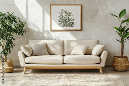 This boho, rustic living room design features a grey sofa near a beige stucco wall.