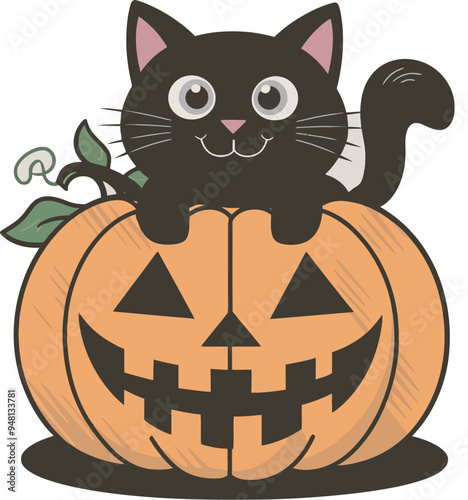 A cartoon-style Halloween a smiling black cat sitting on top of a pumpkin t-shirt design