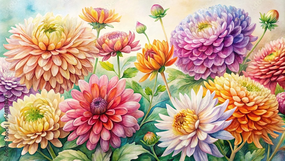 Fototapeta premium Watercolor of colorful chrysanthemum flowers